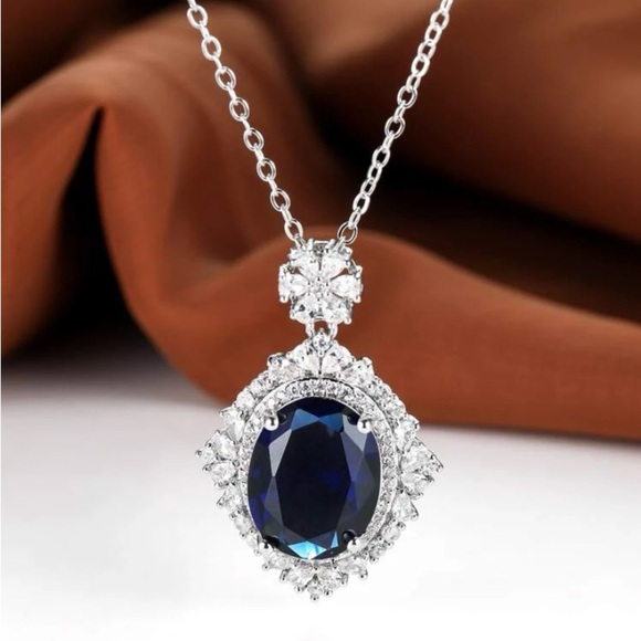 Stampd Jewelry - Blue Sapphire Sterling Silver Cubic Zircon Charm Necklace Gift Mom Mothers Day
